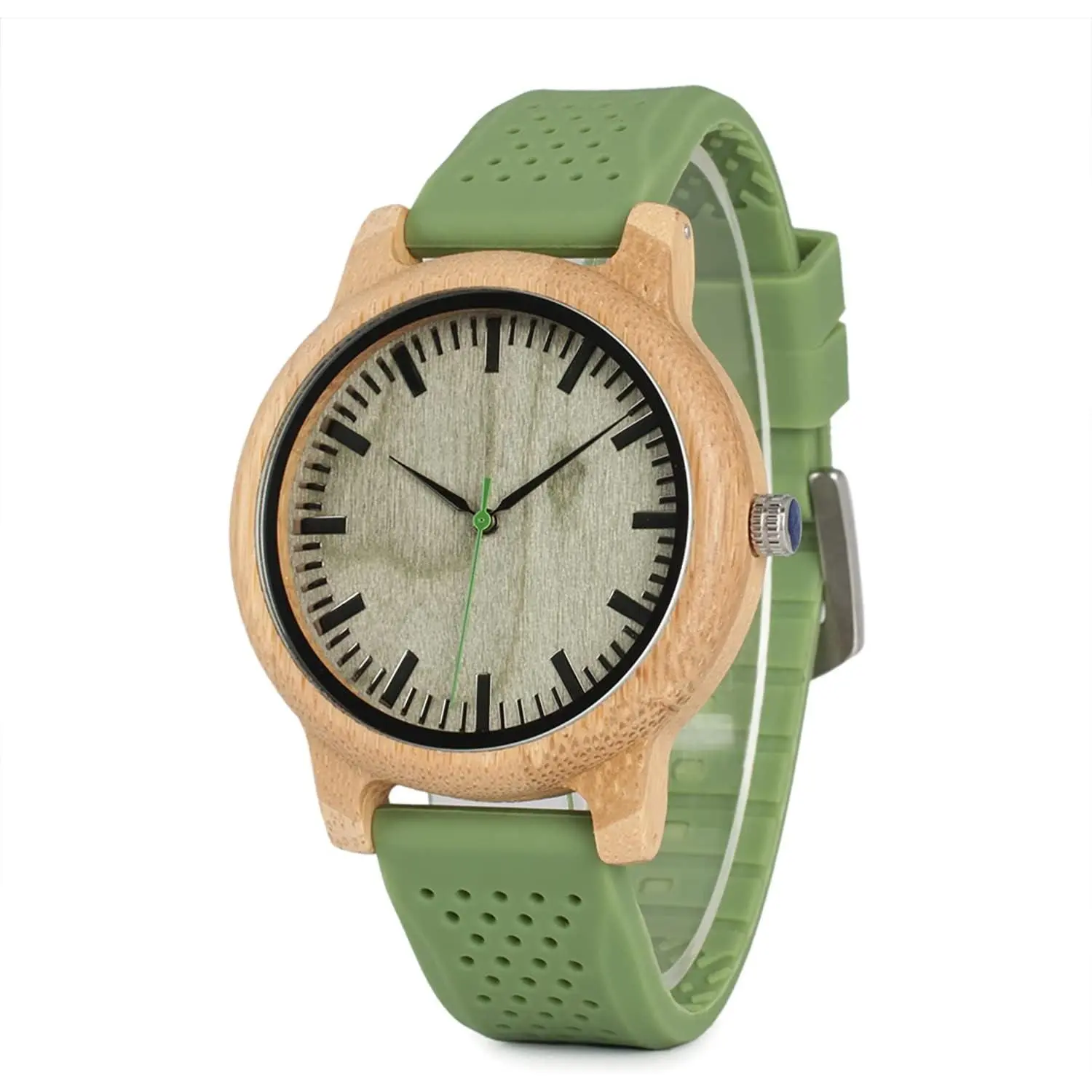 Unisex Retro Bamboo Wood Round Watch - 44 mm Circular Dial Analog Quartz Wristwatch with Green Silicone Strap for Unisex Wear, Quartz Watch, Unique Retro, Casual, Japanese Miyota 2035, Quartz Move., Not Waterproof