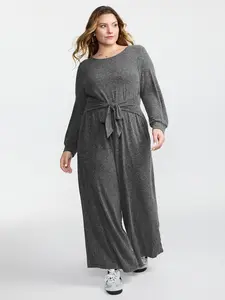 BLOOMCHIC Plus Size Lady Garment - Supersoft Heather Fabric Long Sleeve Spandex Overalls, Cinched-Waist Fit Jumpsuit , [M-6X]2026 Summer Vibes Casual Dimgray