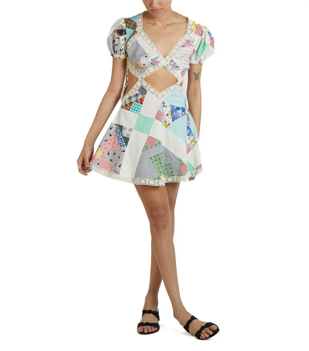 MORPHEW COLLECTION Off White Cotton & Vintage Lace Patchwork Quilt Dress