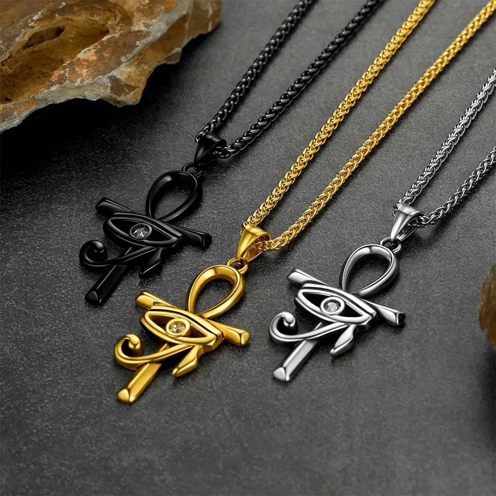 FaithHeart Stainless Steel Egyptian Eye of Horus-Ra Ankh Cross Pendant Necklace, 36g, 55+5cm Adjustable, Black & Golden, Unisex Good Luck Protection Amulet, Everlasting Life Meaningful Gift, Daily Wear Costume Jewelry