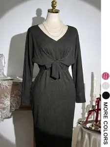 Plus Size Elegant Dress – V Neck Tie Waist Long Sleeve Gown, Party Evening Essential, Slim Fit, Spring & Fall Fashion