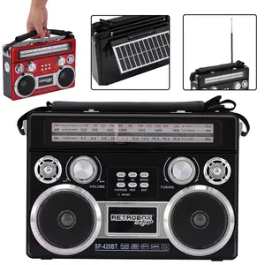 Portable Retro Solar AM/FM Radio Bluetooth MP3 Speaker Rechargeable Boombox AM/FM/SW 3-Band With Flashlight Leather Handle Telescoping Antenna
