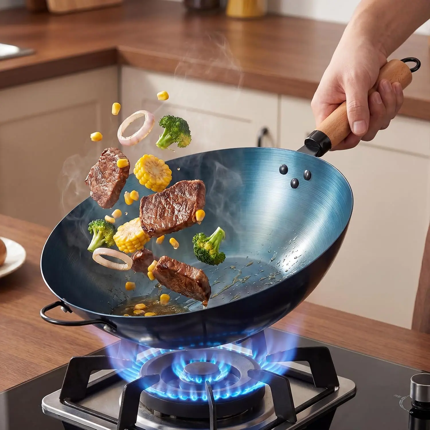 Chemical-Free Carbon Steel Wok, Pre-Seasoned with Advanced Nitrogen Technology, Natural Non-Stick Patina with Little Oil, Lightweight Stir Fry Pan with Wooden Handle for Gas/Electric/Induction/BBQ/Camping – No Toxic Coatings, Pure & Safe for Family