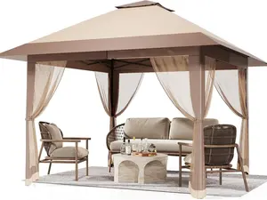 13x13ft Pop-Up Gazebo, Outdoor Canopy Tent With Mosquito Netting, Heavy Duty Party Tent Shelter With Waterproof and Ultraviolet Double Roof for Backyard, Garden, Lawn and Deck (Khaki)