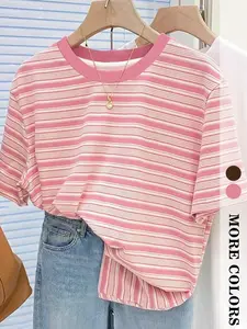Summer Sweet Colorblock Striped Round Neck Loose Short Sleeve T-Shirt, Slimming Casual Versatile Summer Top, Casual Fit Top, Women's Fashion Clothing, Womenswear