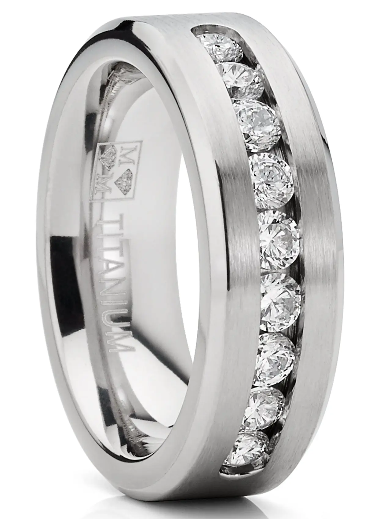Men's Hypoallergenic Titanium Band Ring - 8MM, 1Ct Cubic Zirconia, 9 Large Channel-Set Stones, High Polish Beveled Edges, Light Satin Brushing, Sizes 6-15, Men's Jewelry for Adults
