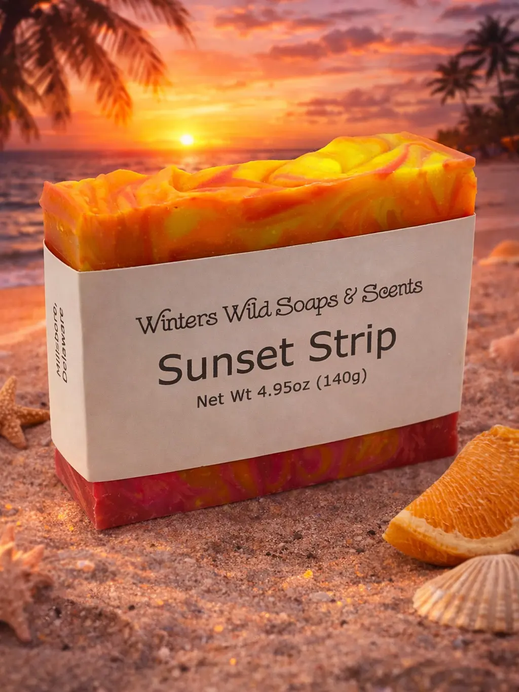 Sunset Strip Soap Bar Net Wt. 4.95oz 140g with Vibrant Orange and Yellow Swirls Scented with Dragonfruit Peach Nectar and Berries