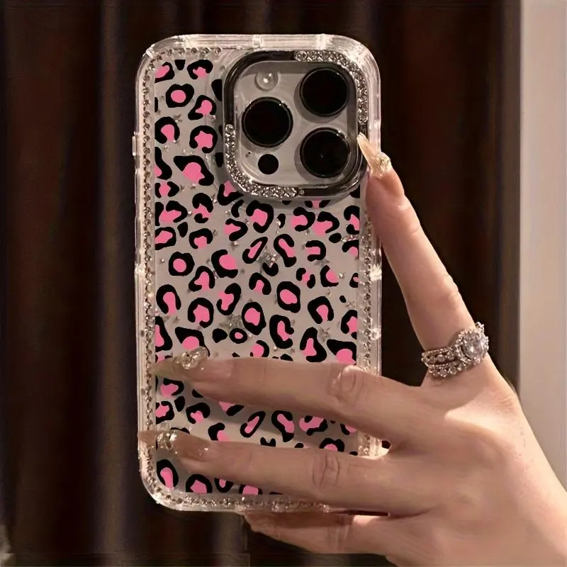 Leopard Print Luxury Rhinestone Fashion Phone Case, Transparent Sparkling Diamond Frame Star Case Anti-Drop Case, Compatible with Phone 17 Pro Max 17 Air 16 15 14 Plus 13 12 11 Protective Cover, Christmas Gift, New Year Gift, Easter