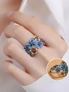 New Enamel Flower Ring for Women, Vintage Ethnic Style Adjustable Open Creative Design, Retro Aesthetic Jewelry Accessory, Statement Rings