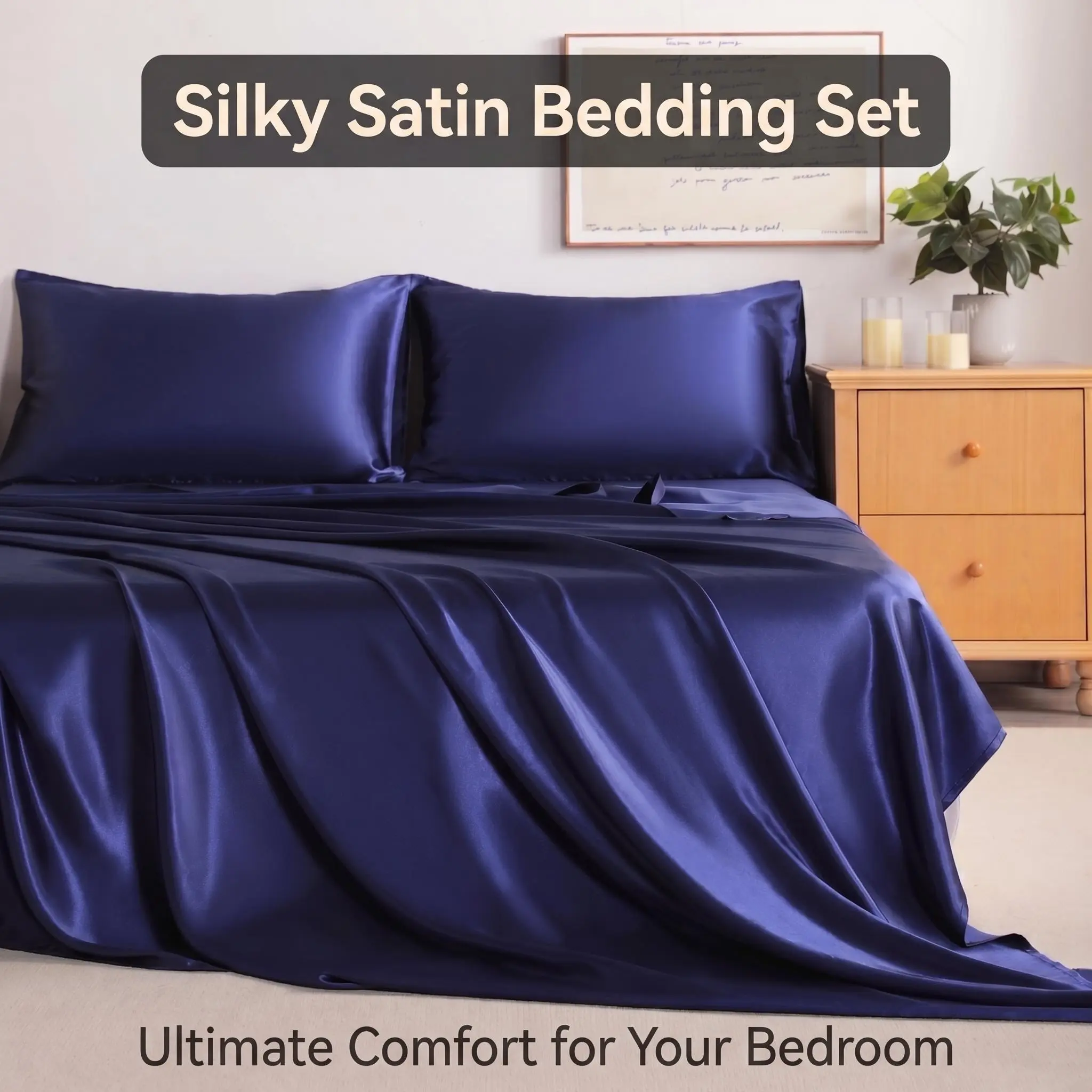 Bedsum Satin Bedding Sets, 3/4-Pc Luxury Soft Comfy Polyester Bedding, Wrinkle-Resistant Breathable Cooling Bed Sheet Set, OEKO-TEX Certified, Fits Twin, Twin XL, Queen, King, Cal King