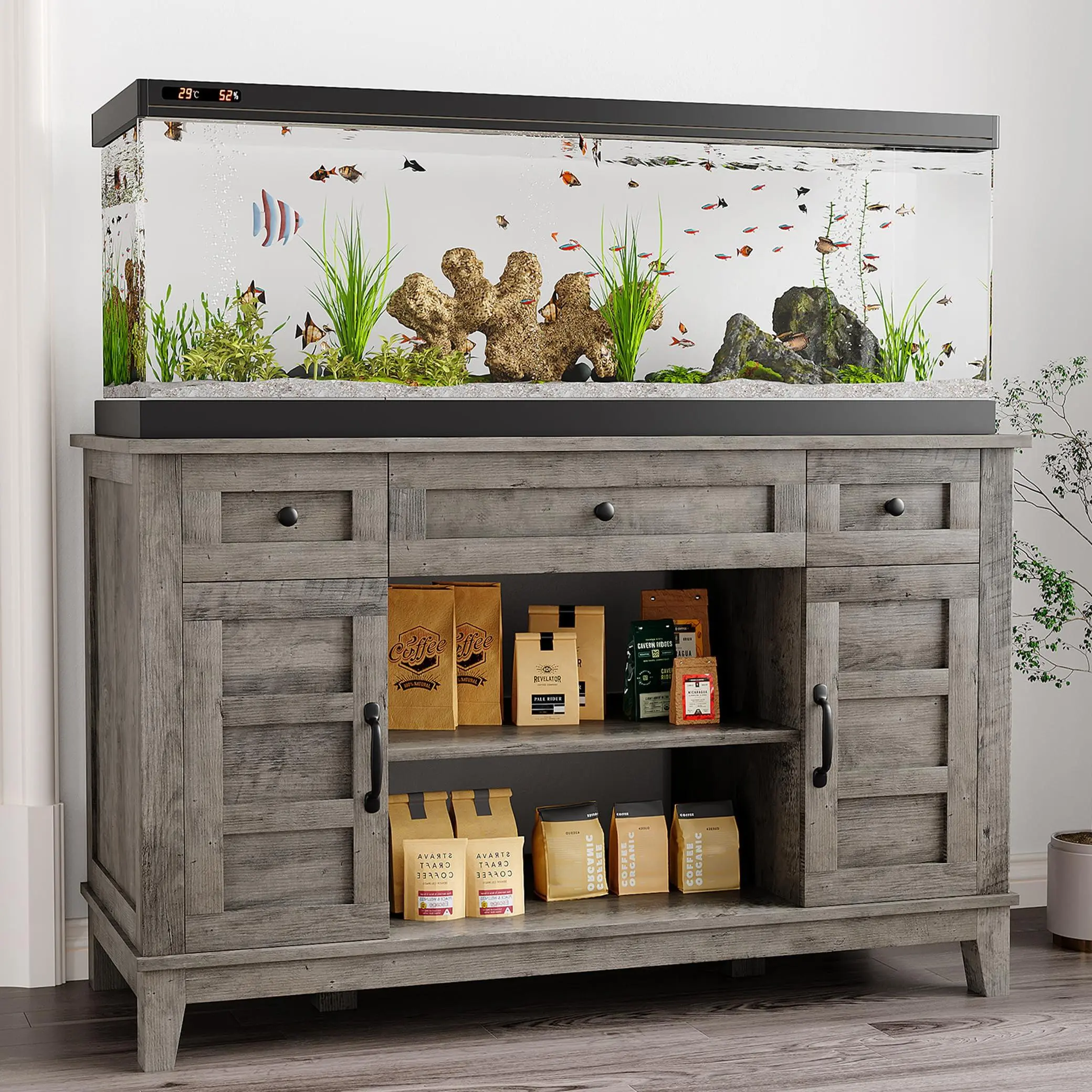 Farmhouse 30-55 Gallon Fish Tank Stand, Aquarium Stand with Power Outlet, 1400LBS Heavy Duty Fish Tank with Stand for Fish/Turtle/Reptile Terrarium