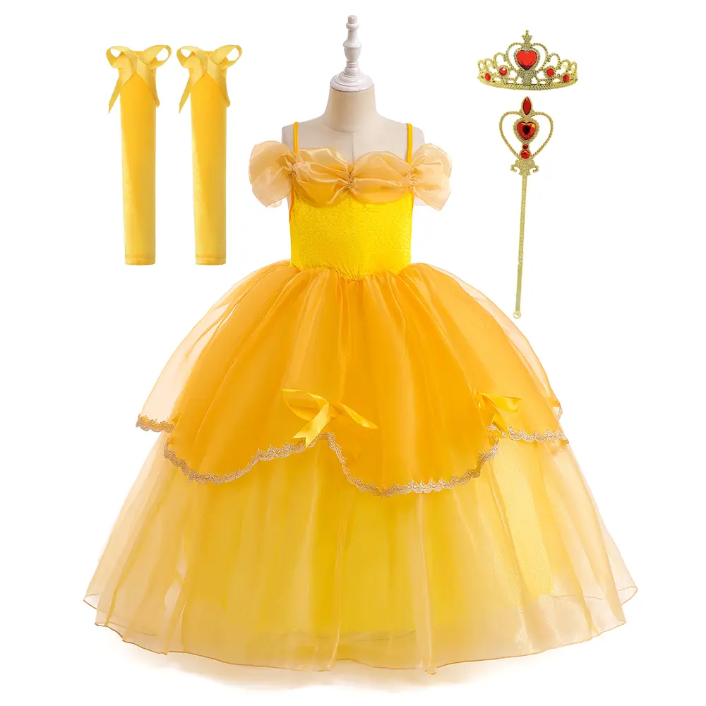 2-10Y Yellow Spaghetti Strap Dress with Crown Magic Wand 045 Kids Clothes Role-playing Cartoon Cosplay Costume Fancy Carnival Stage Performance Princess Theme Holiday Party Frock Girls Long Ball Gown Children Dresses for All Season