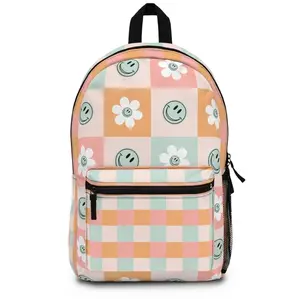 Checkered Pink Smiley Backpack With Name Tag Inside, Back to School, Teen Backpack, Kids Backpack, Trendy School Bag, Large Backpack, Retro Backpack