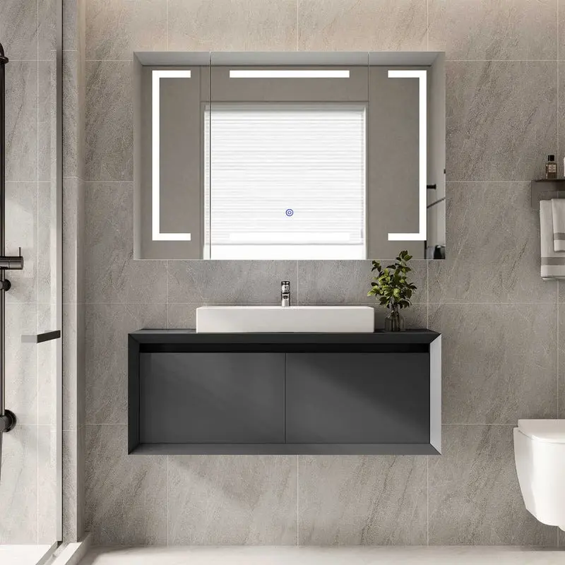 Sikaic Medicine Cabinet with Mirror and LED Light, Wall Mounted Bathroom Mirror with Storage, 3 Doors Bathroom Wall Cabinet, Memory Dimmable 3 Color Temp, Adjustable Shelves Minimal Modern Summerwins