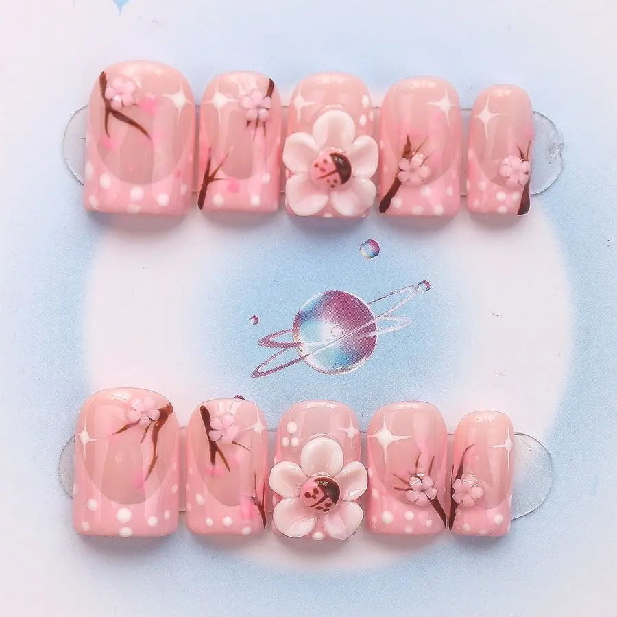 Nailssbysheccid, 10pcs press-on nails, Press On Sets, square shape, 100% handmade, Y2K, combined with French style, 3D, suitable for family dinners, dates, it is a gift for girls, Comes with jelly glue, crystal sticks and twisting rods