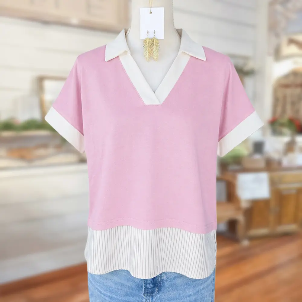 Sagevell  Women’s Pink Color Block V-Neck Blouse Top Short Sleeve Collared Layered Look Shirt Soft Casual Spring Summer Top for Work, Daily Wear, Brunch & Weekend