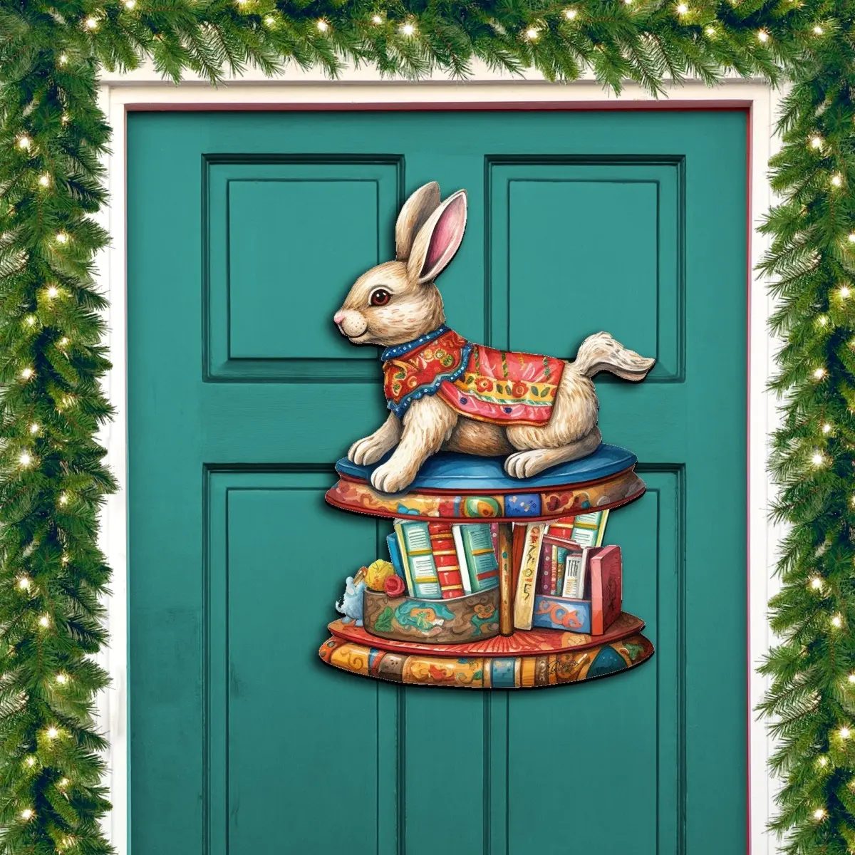 Designocracy 8611085H Artistic Wooden Carousel Bunny with Books, 24x18 in. Colorful Holiday Christmas Wall Decoration, Festive Home Gift for Door & Window Display