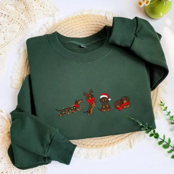 Christmas Dachshund Embroidered Sweatshirt, Cute Sausage Dog Holiday Crewneck, Festive Pet Lover Gift, Cozy Christmas Sweater