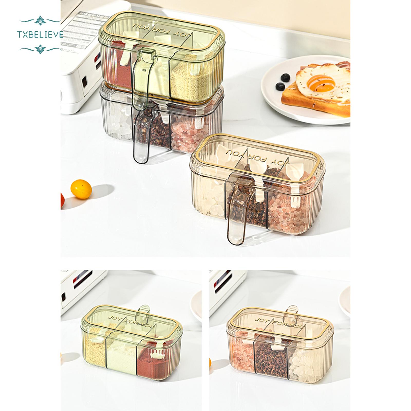 Kitchen 3-Compartment Seasoning Box with Lid — Simple & Fresh Home-Use Divided Container for Salt, MSG, Chicken Essence, and Spices