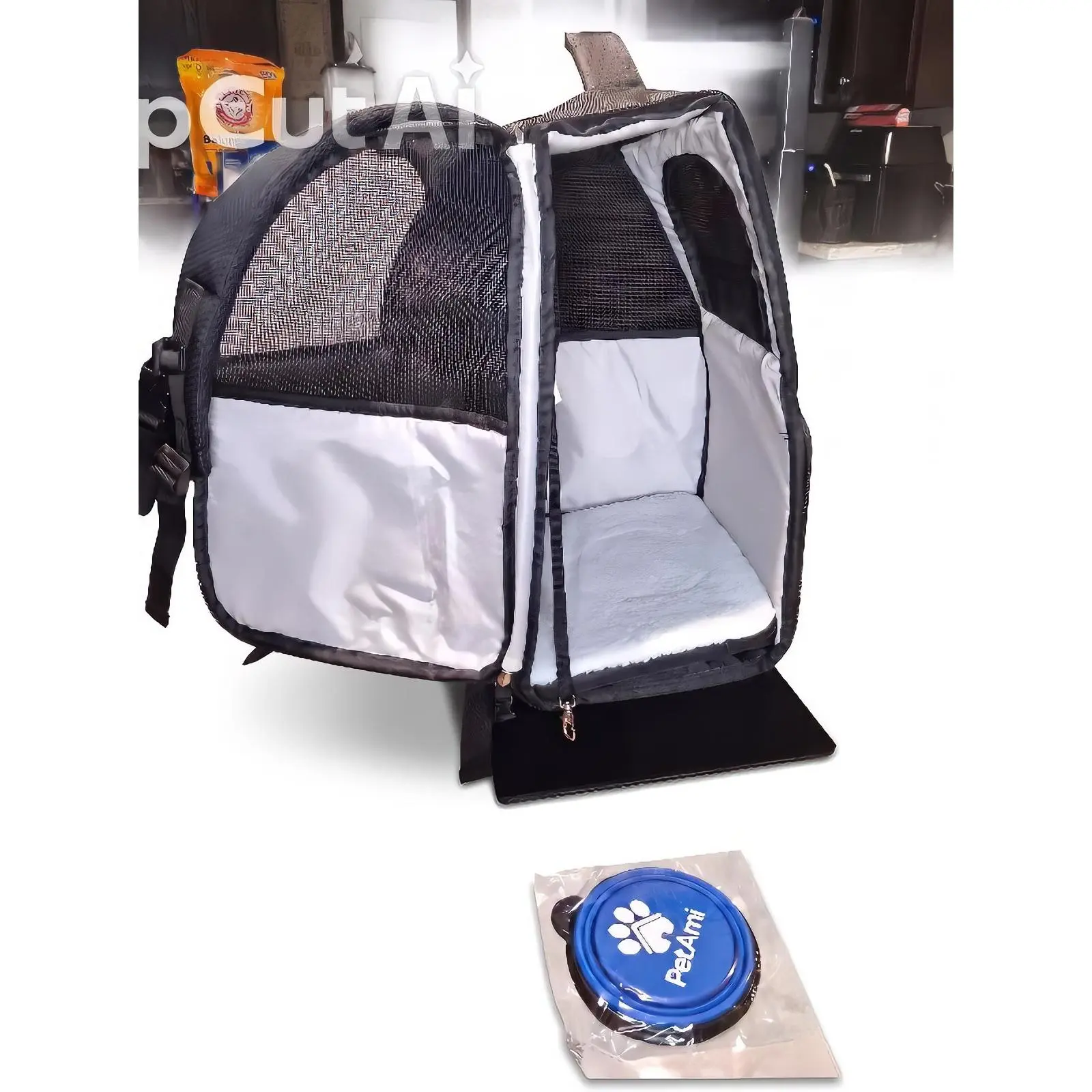 Petami Dog Cat Deluxe Backpack Carrier in Black with Travel Food Dish for Safe and Comfortable Pet Transport