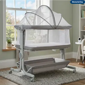 3-in-1 Portable Baby Bassinet Bedside Sleeper in 6 Height Adjustable Design with Mosquito Net and Storage Basket, Light