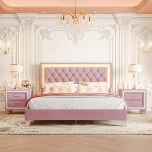 Bedroom Sets, 3-Pieces Queen Bedroom Sets, Queen Size Upholstered Platform Bed Frame with LED Lights and 2 Nightstands, Pink