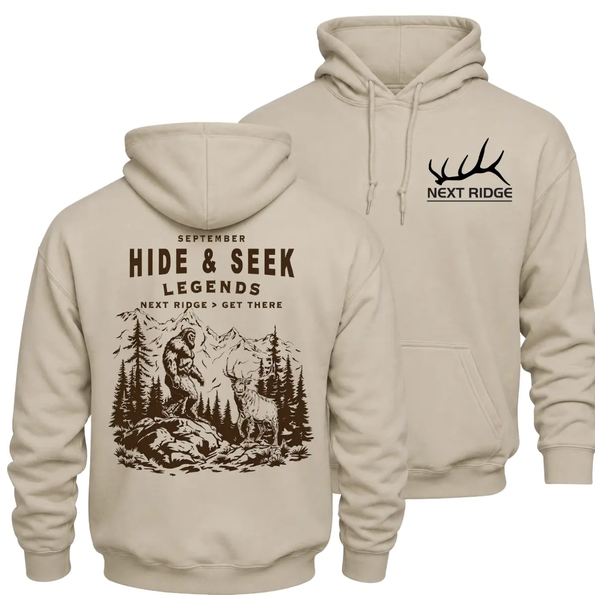Hide and Seek Legends Hoodie, Bigfoot and Elk Hunting Graphic Pullover, Front Chest Logo and Large Back Print Outdoor Hoodie, Mountain Wildlife Sportsman Apparel, Fall Hunting Gift for Men and Women