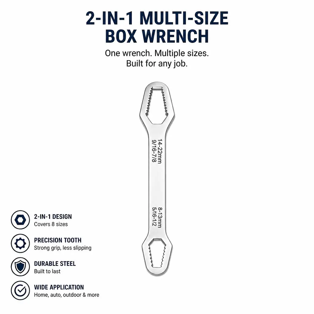 Universal Adjustable Socket Wrench 8–22mm, 2-in-1 Multi-Size Box Spanner Tool, Self-Adjusting Grip Wrench for Rusted Nuts & Bolts, Automotive Repair, Car Maintenance, DIY Home Improvement, Heavy Duty Mechanic Tool, Garage & Workshop Essential