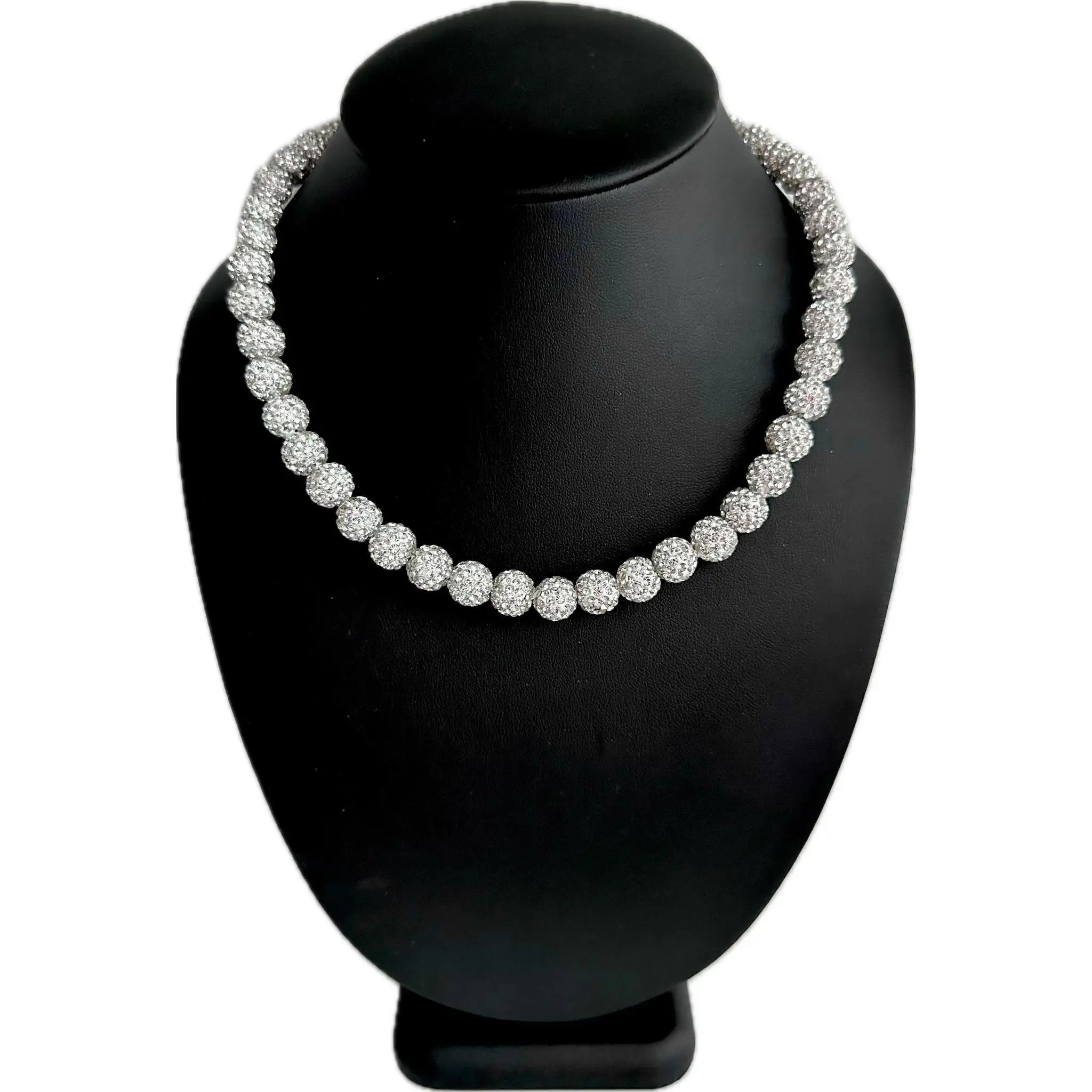 Iced Bling Disco Ball Rhinestone Crystal Bead Baseball Necklace Silver Snow