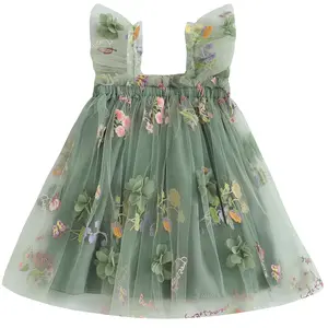 Flower Girl Dress Floral Embroidered Toddler Girls Dresses Fairy Tulle Dress for Wedding Birthday Party Photo Shoot