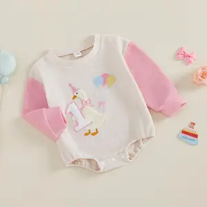 Baby Girl Birthday Rompers Comfortable Long Sleeve Round Neck Number Goose Embroidery Jumpsuit