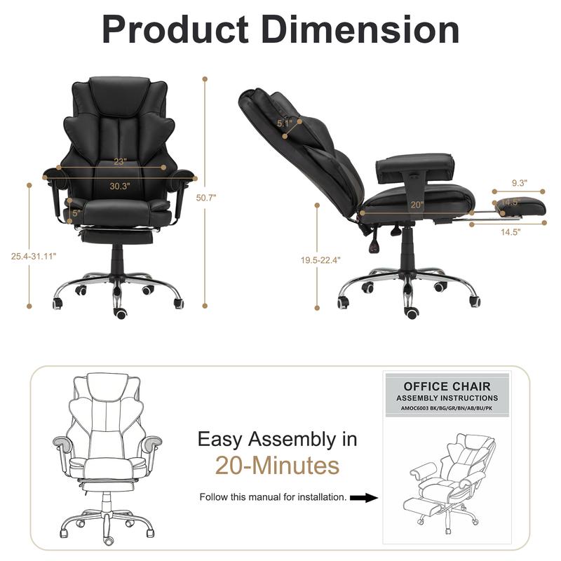 Ergonomic Office Chair with Heated and 6-Point Massage Function, 90-155 Degree Reclining Executive Computer Desk Chair with Foot Rest, Suitable for Home Office, Computer