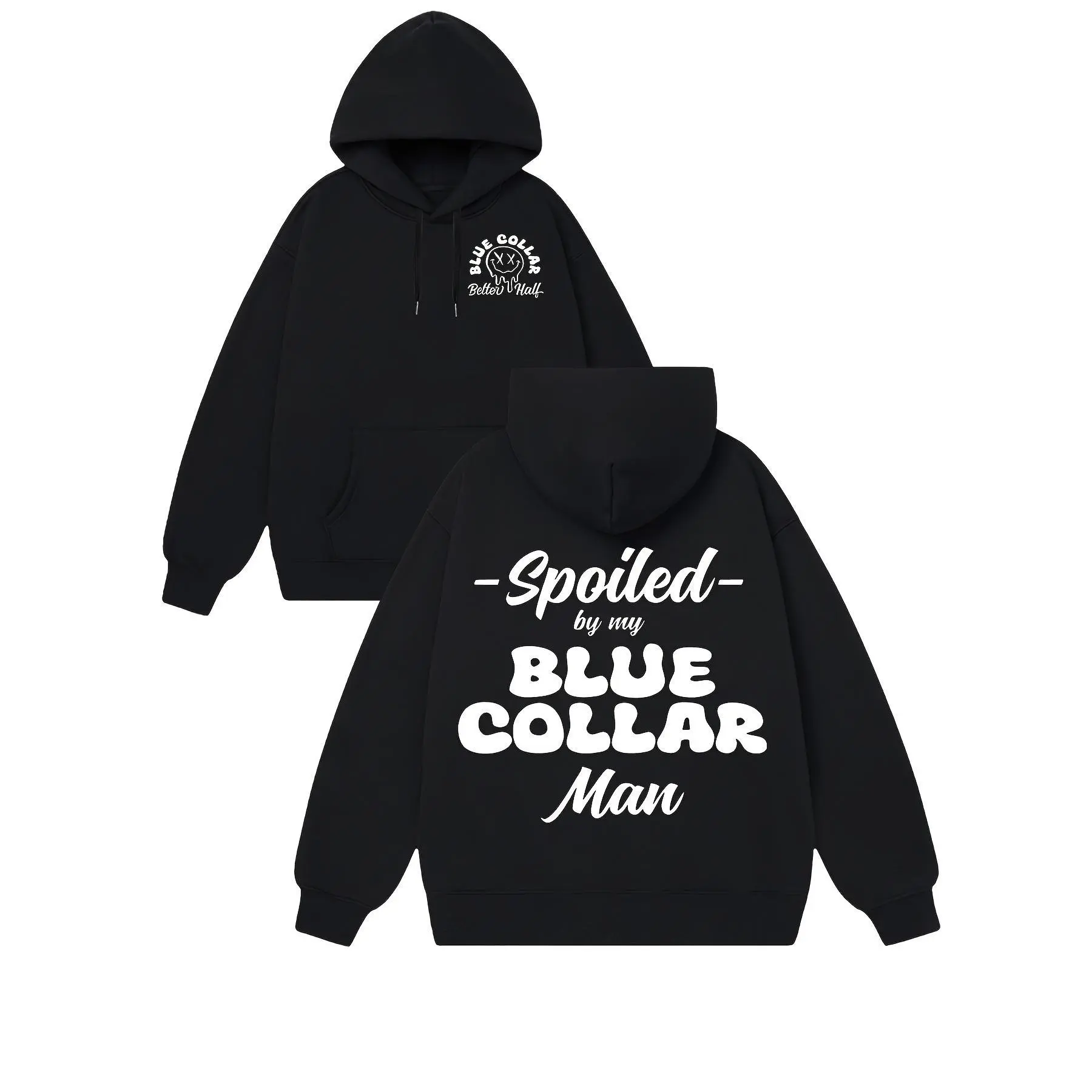 Women's Graphic Print Hoodie Pullover - "Spoiled by my Blue Collar Man" Quote, TikTok Trending Longsleeves Tops with Vibe, Casual Style for Everyday Wear, Cotton Blend, Sweet, Medium Length