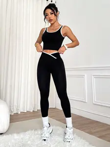 Women's Sporty Seamless Yoga Set, Contrast Binding High-Waisted Sleeveless Top & Pants, All-Season Tight-Fit Fitness Workout Running Outfits