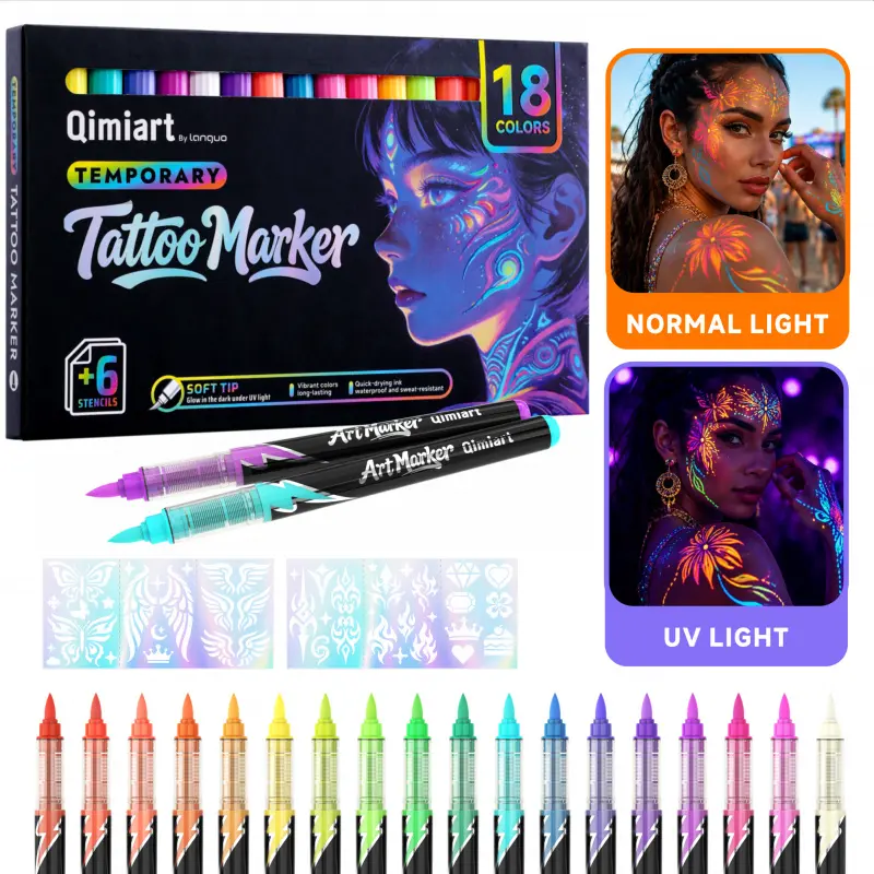 Glow in The Dark Face Paint Markers 18 Colors Glow Face Body Paint with Face Stickers, Neon Body Paint Pens for Skin UV Face Painting Kits for Adult Halloween Festival Accessory,with 6Pcs Stencils