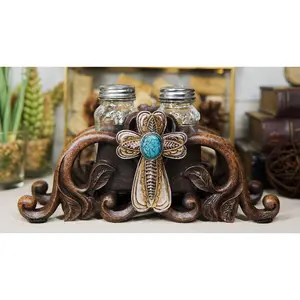 Turquoise Stone Holy Cross with Faux Wood Scroll Vines Salt Pepper Shakers Set
