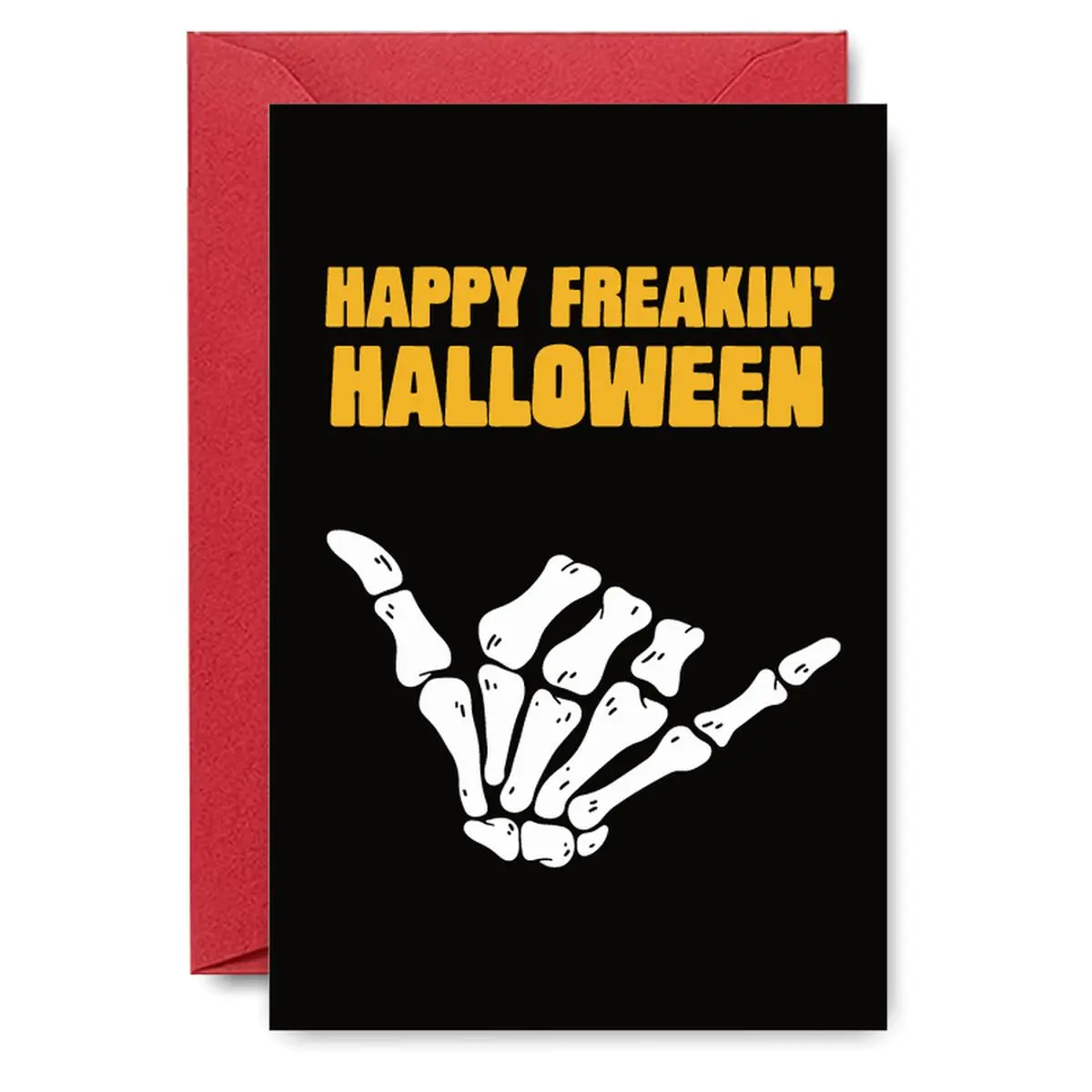 Skeleton Call Halloween Card - Bold Yellow 'Happy Freakin' Halloween' Message on Black Background with Playful Bone Hand Gesture, Perfect for Spooky Season Greetings, Ideal Gift for Prankster Friends