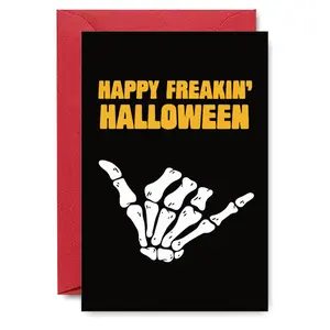 Skeleton Call Halloween Card - Bold Yellow 'Happy Freakin' Halloween' Message on Black Background with Playful Bone Hand Gesture, Perfect for Spooky Season Greetings, Ideal Gift for Prankster Friends