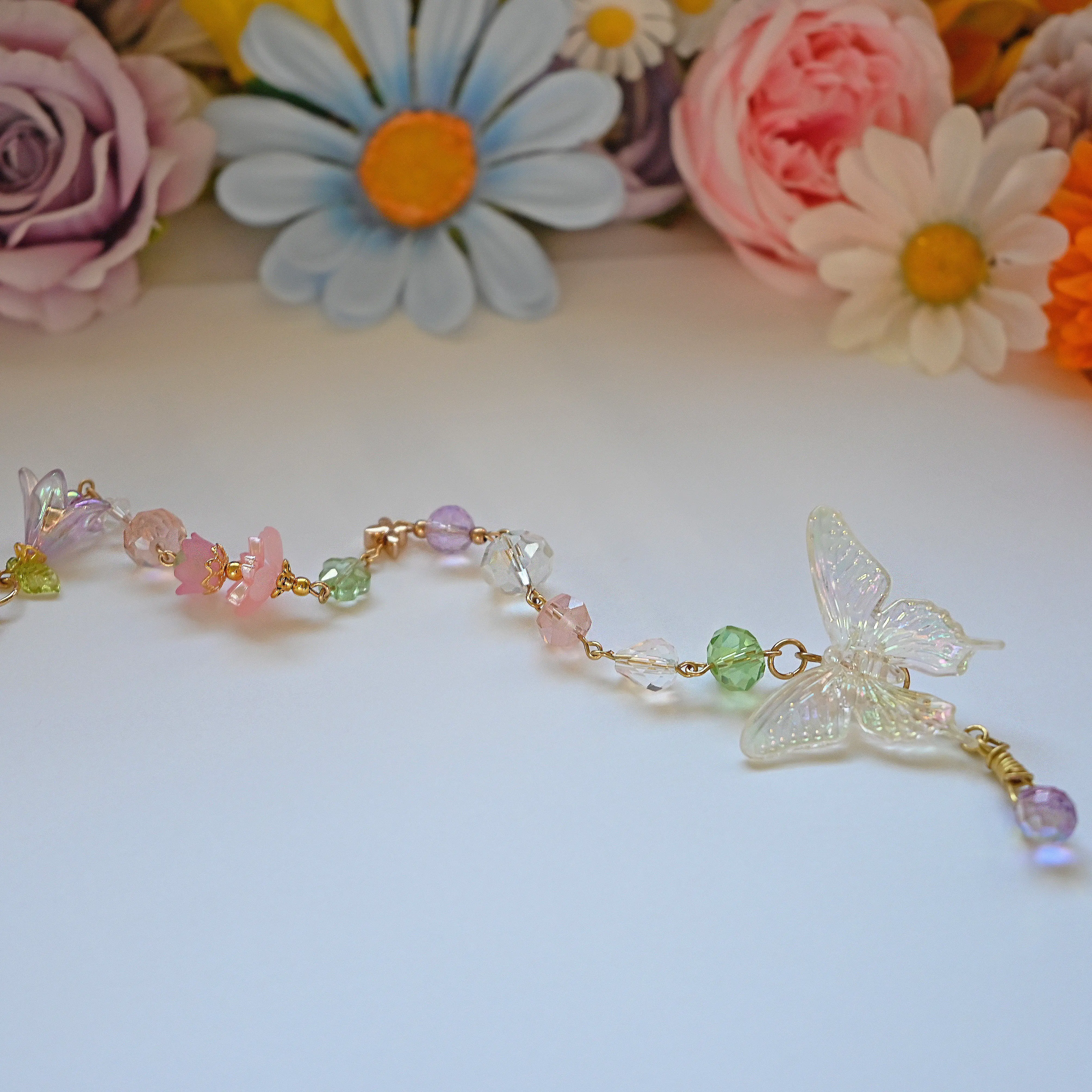 Pastel Butterfly Beaded Suncatcher Handmade Fairycore Window Decor with Pink Green & Purple Glass Beads Acrylic Charms & Iridescent Pendant