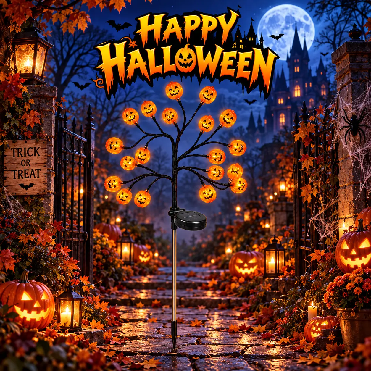 Solar Halloween Pumpkin Lights – 20 orange pumpkin lights per stake, flexible branches, solar powered, steady/flashing modes, auto on/off. Perfect for yards, lawns and pathways. Available in 2/4/8 packs.  Sohochic