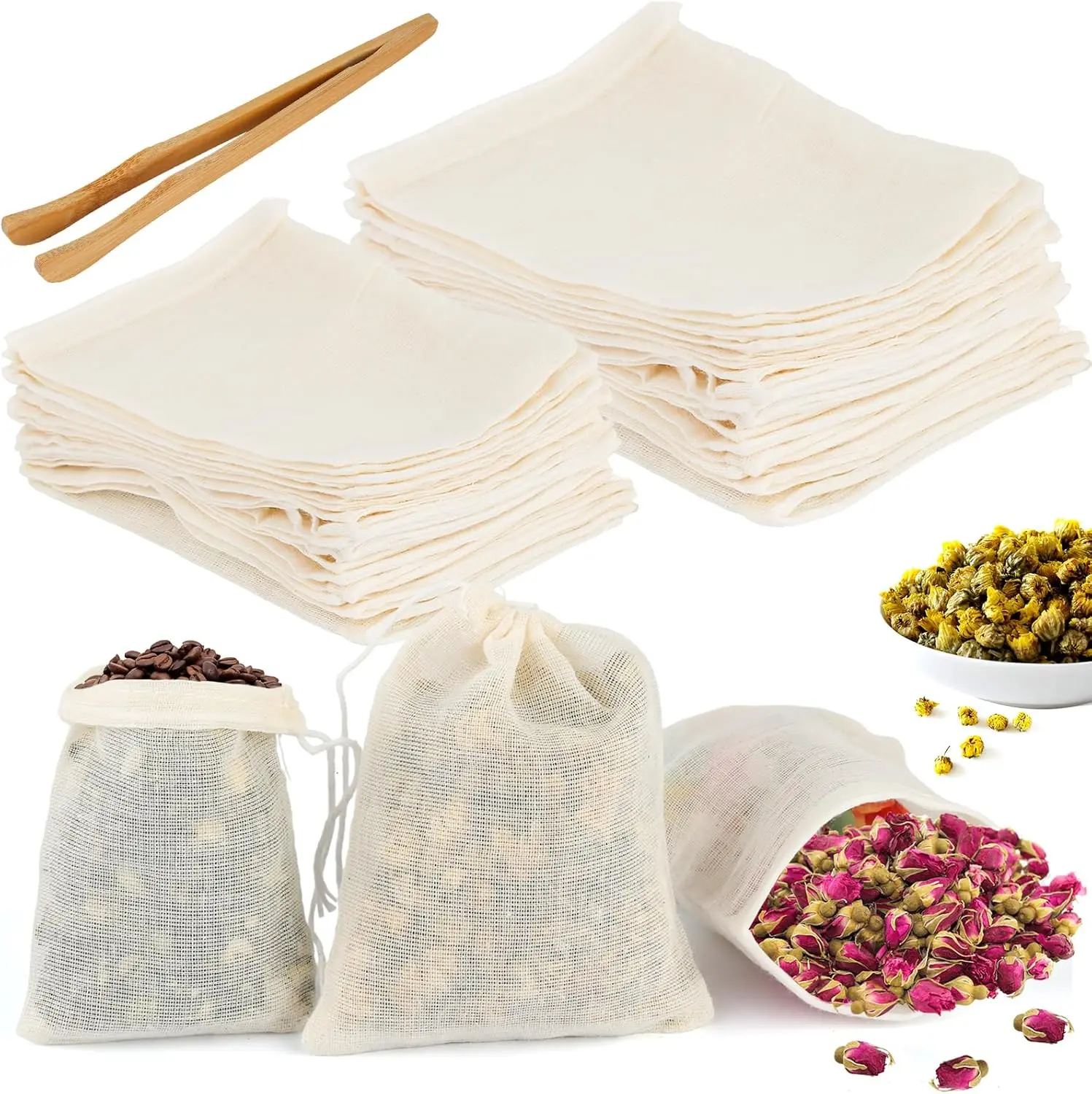 Pack of 50 Tea Bags for Loose Tea,Spice Bags with Drawstring,Tea Filter for Loose Tea,Cotton,Fabric Bags for Tea,Coffee,Spices,Tea-Making Tools Bamboo Matcha Whisk Charcoal