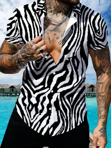 Men's Black & White Zebra Stripe Short Sleeve Shirt, Fashion Casual Print Lapel Top, Summer Trendy Men's Wear