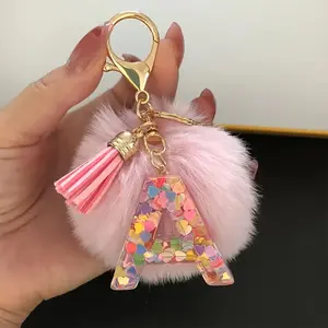 A-Z Letter Resin Keychain, Sweet Pinkish Hairball Tassel Pendant Keyring, Bag Backpack Charm Car Hanging Earbud Case Cover Accessories Women daily use Gift