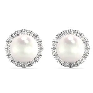 6mm Pearl & Diamond Halo Studs Women's 14k Gold Earrings Lab Grown