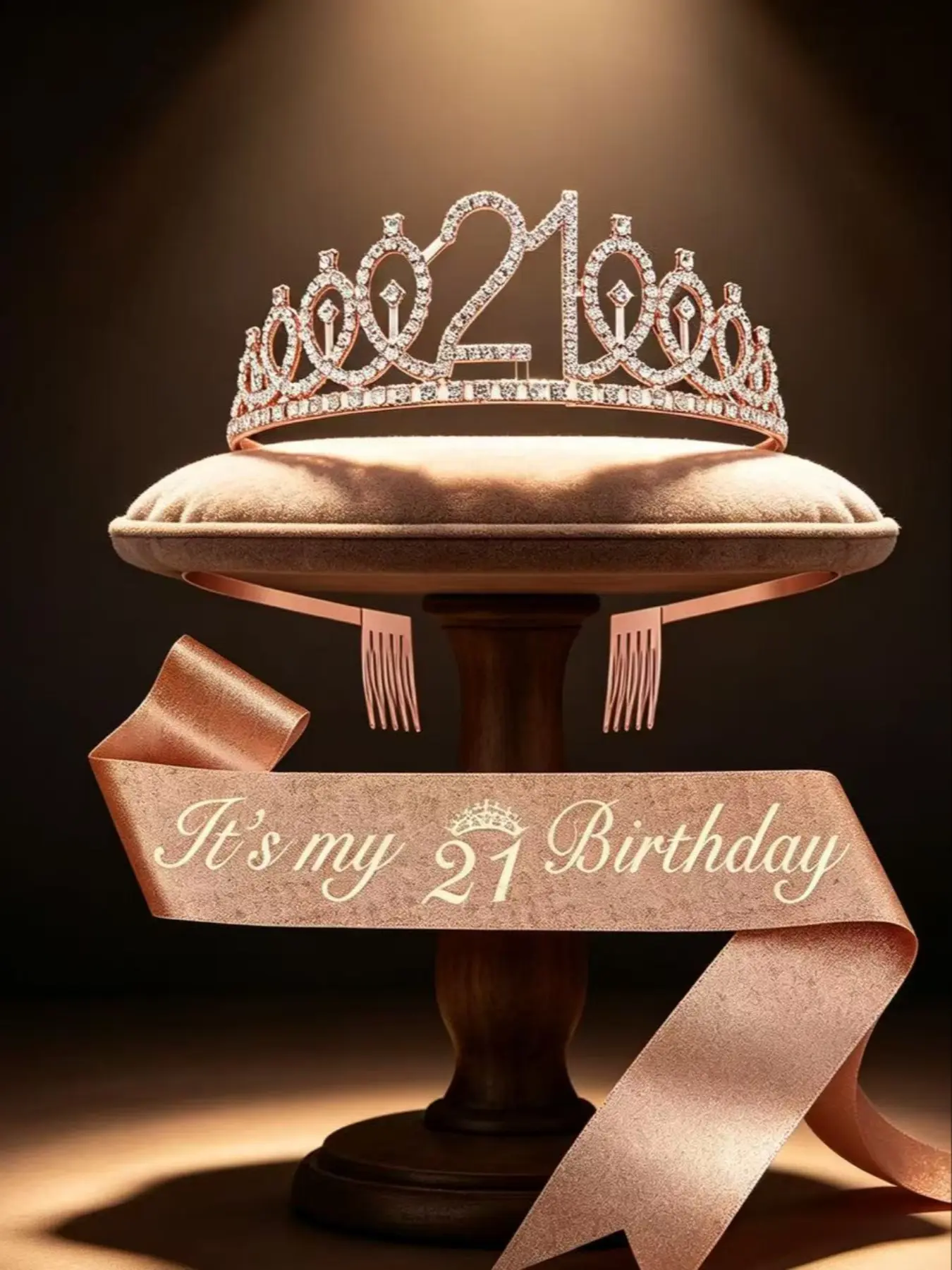 Rose Gold 21st Birthday Tiara & Sash Set, Elegant Birthday Crowns and Sash for Girls, Perfect Gift for 21st Birthday Celebrations