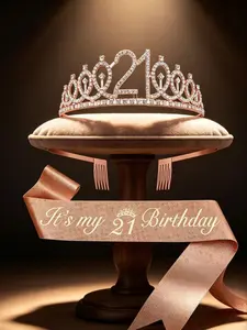Rose Gold 21st Birthday Tiara & Sash Set, Elegant Birthday Crowns and Sash for Girls, Perfect Gift for 21st Birthday Celebrations