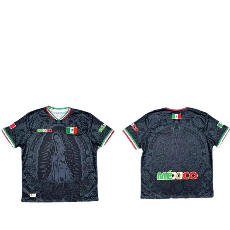 Virgen de Guadalupe Mexico Jersey Pink and Black Color with Green White and Red Trim and Mexican Flag Design