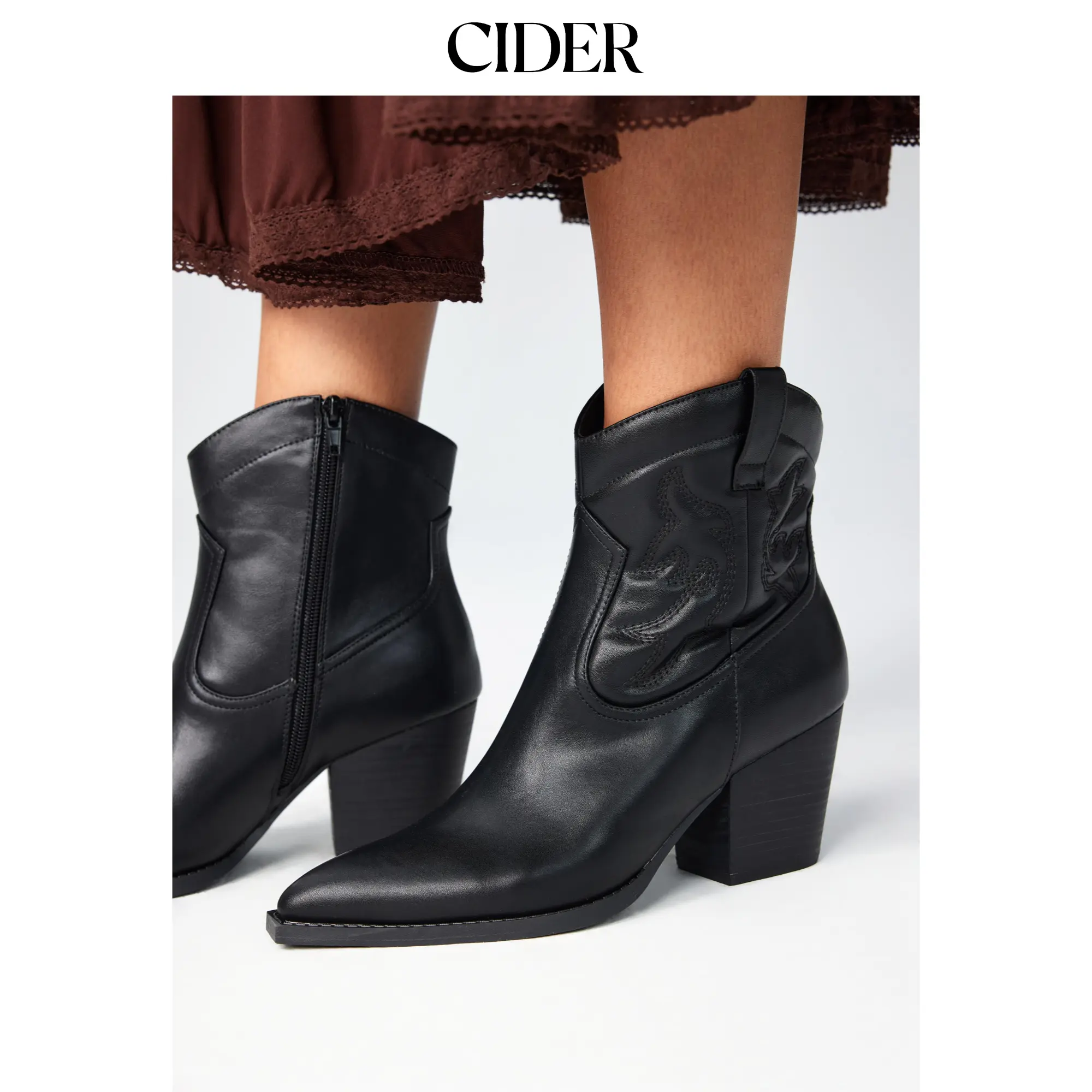 Cider [2 colors, size 6-11] Solid Chunky Heeled Ankle Cowboy Boots