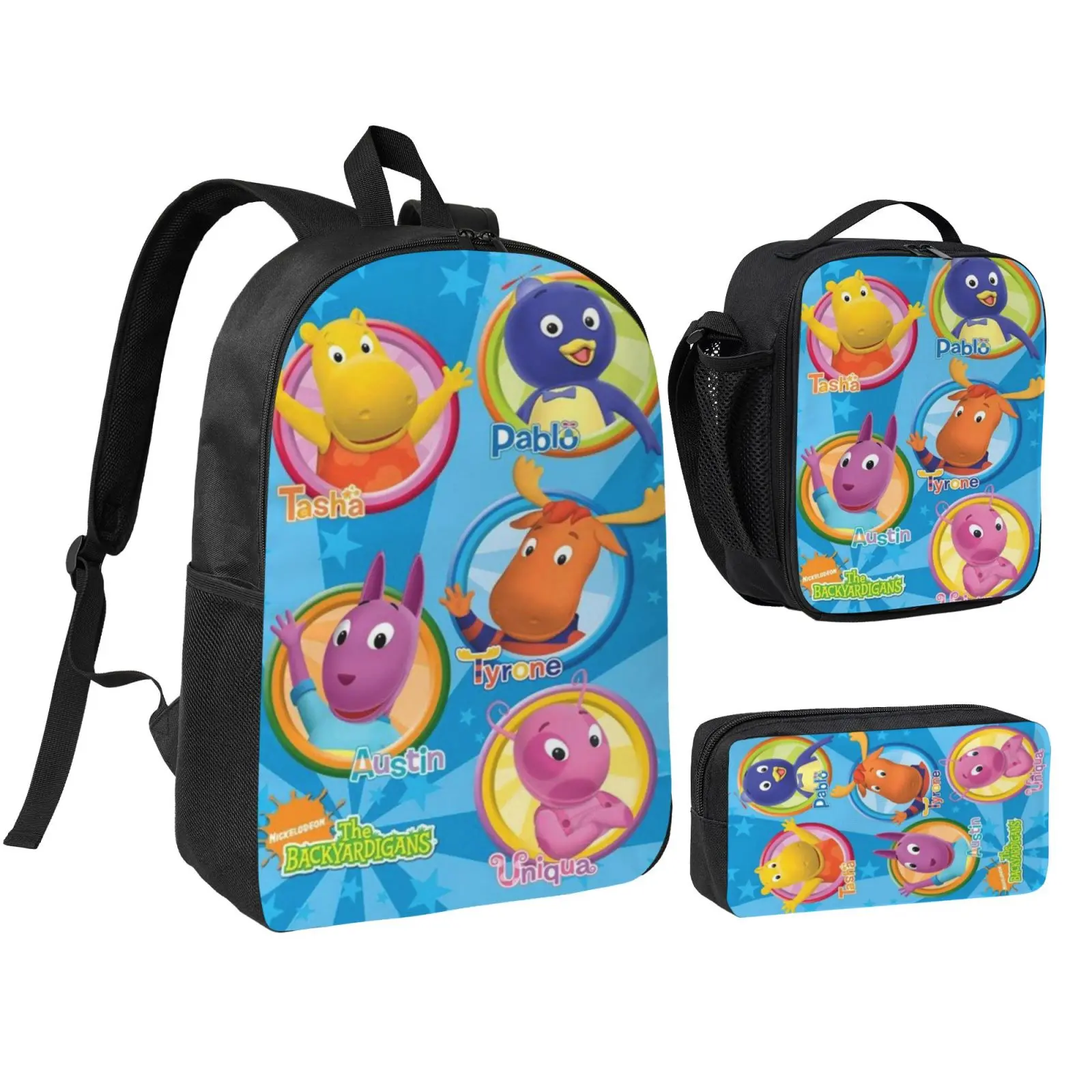 The Backyardigans 3 Piece Backpack Set Breathable Back Panel with Sturdy Zipper for School Outdoor Travel Hiking Large Medium Small Daypack, Kids, Teens, Playful Look, Cartoon Print, Breathable Panel, Durable Nylon