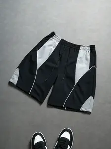 Men’s black-and-gray contrast color curved patchwork basketball shorts, 1990s retro high-street drawstring athletic shorts, American street style drawstring casual sports shorts, lightweight summer style #MensBasketballShorts